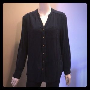 Navy Blue Long Sleeve Button Front Flowy Top